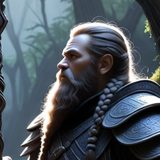 Portrait of a bearded dwarf warrior with a braided beard and dark armor